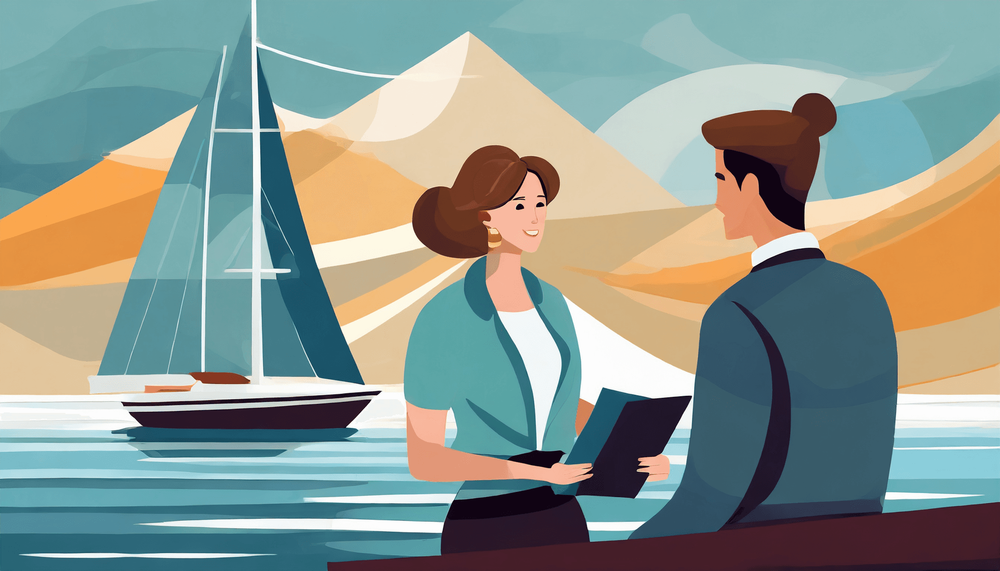 2 Person talking in front of a sailing yacht