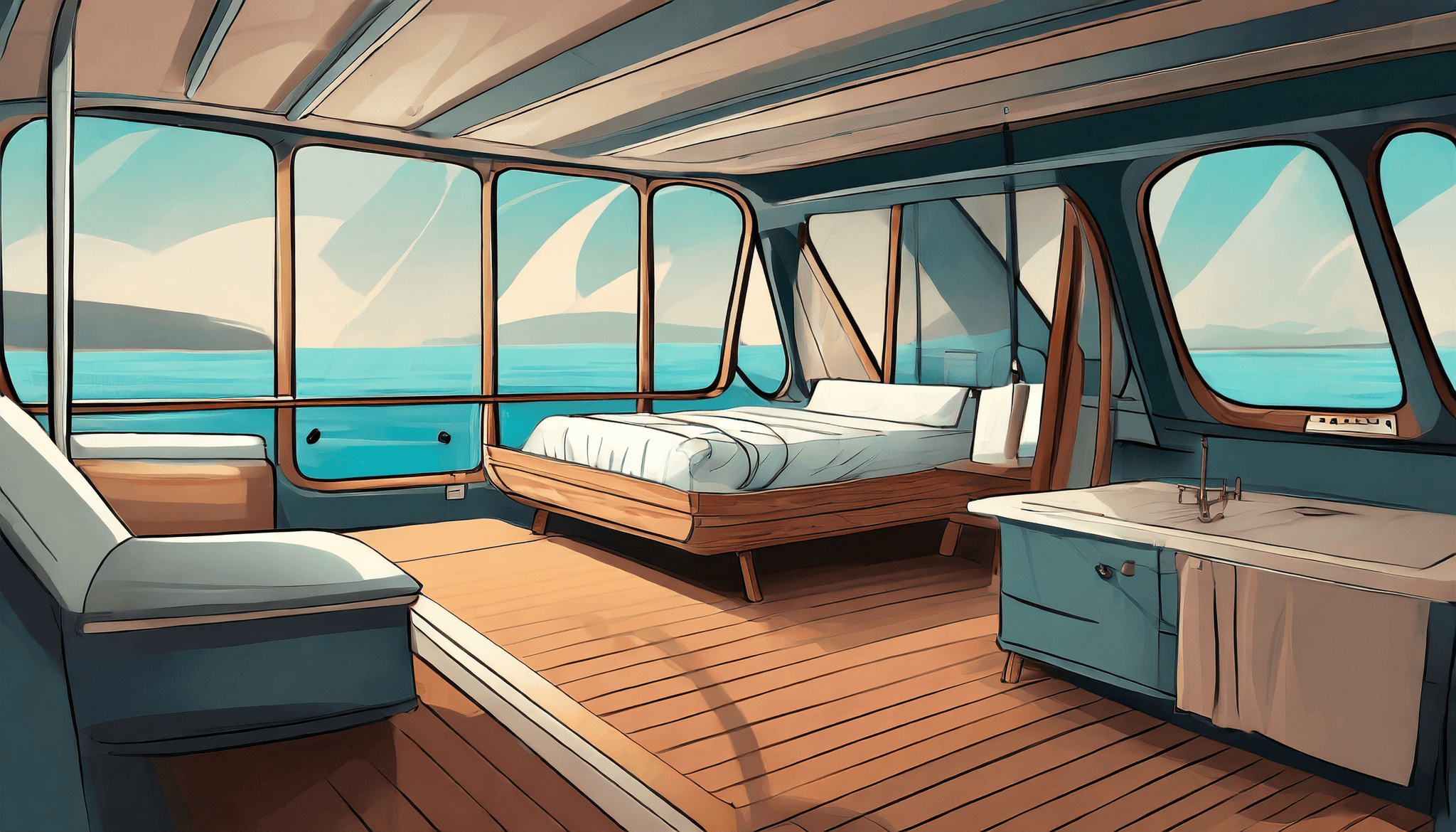 Interior with a bed inside of a saling yacht