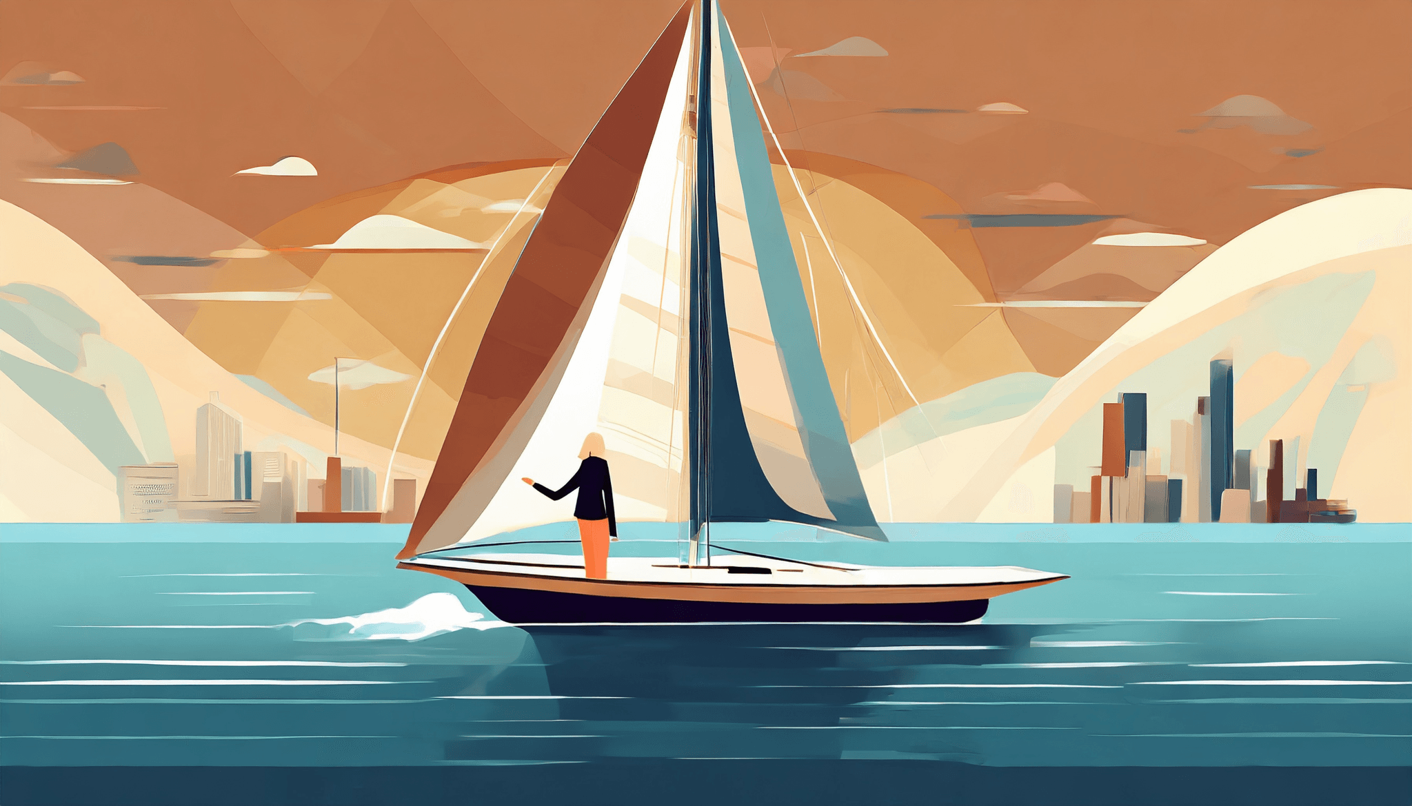 Woman on a sailing yacht infront of skyscrapers