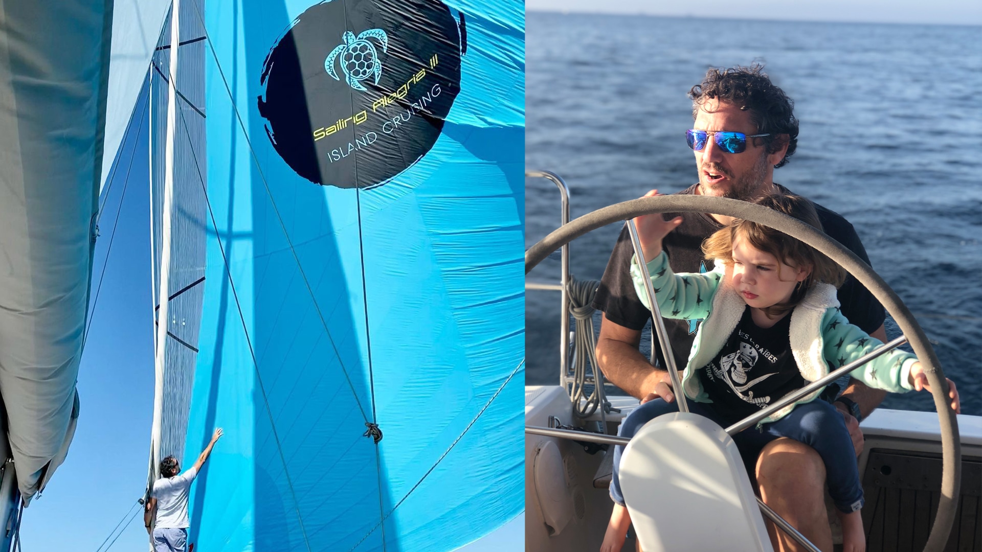A close-up of a blue sail with ropes against a backdrop of the sea, and an man steering a sailboat with a kid