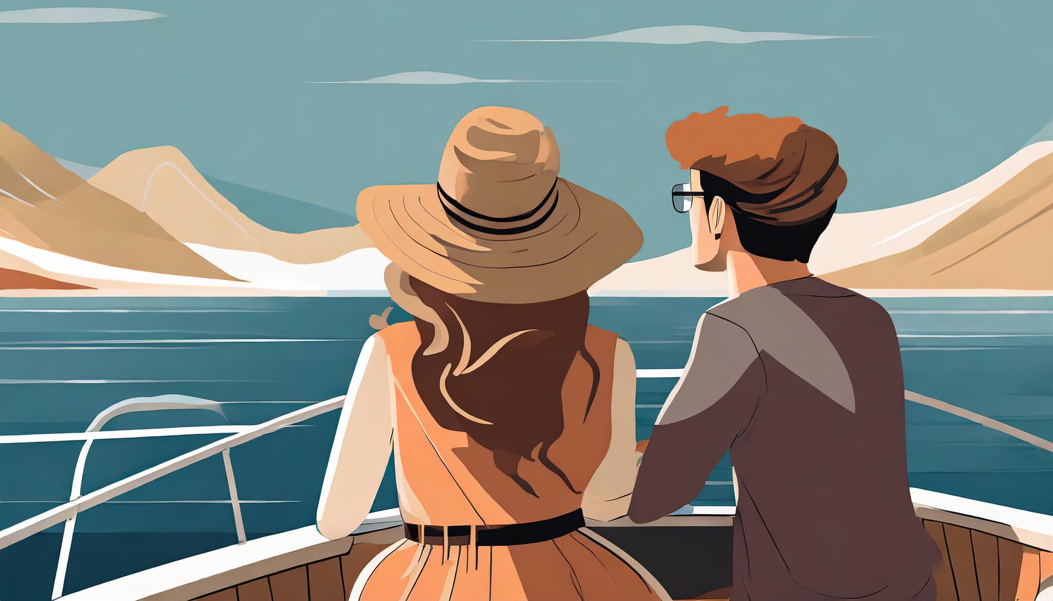 a couple on the deck of a sailing yacht with a view of the sea
