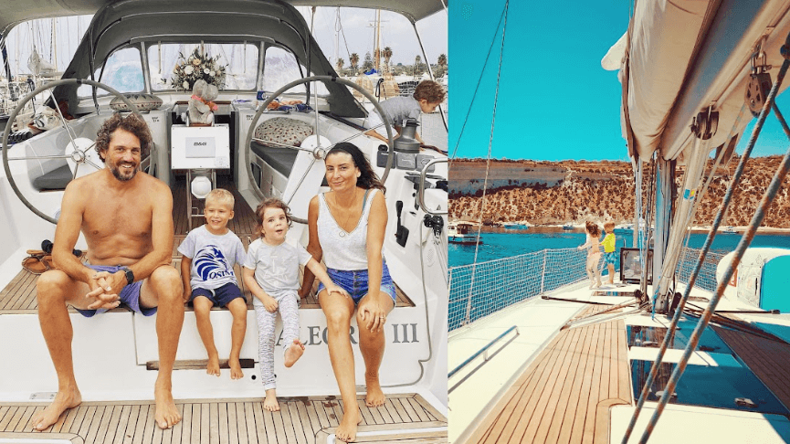 A family on a yacht deck and overlooking the sea